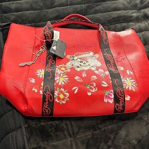 Ed Hardy “The Weekender” Vibrant Red Tote with Skull and Floral Design